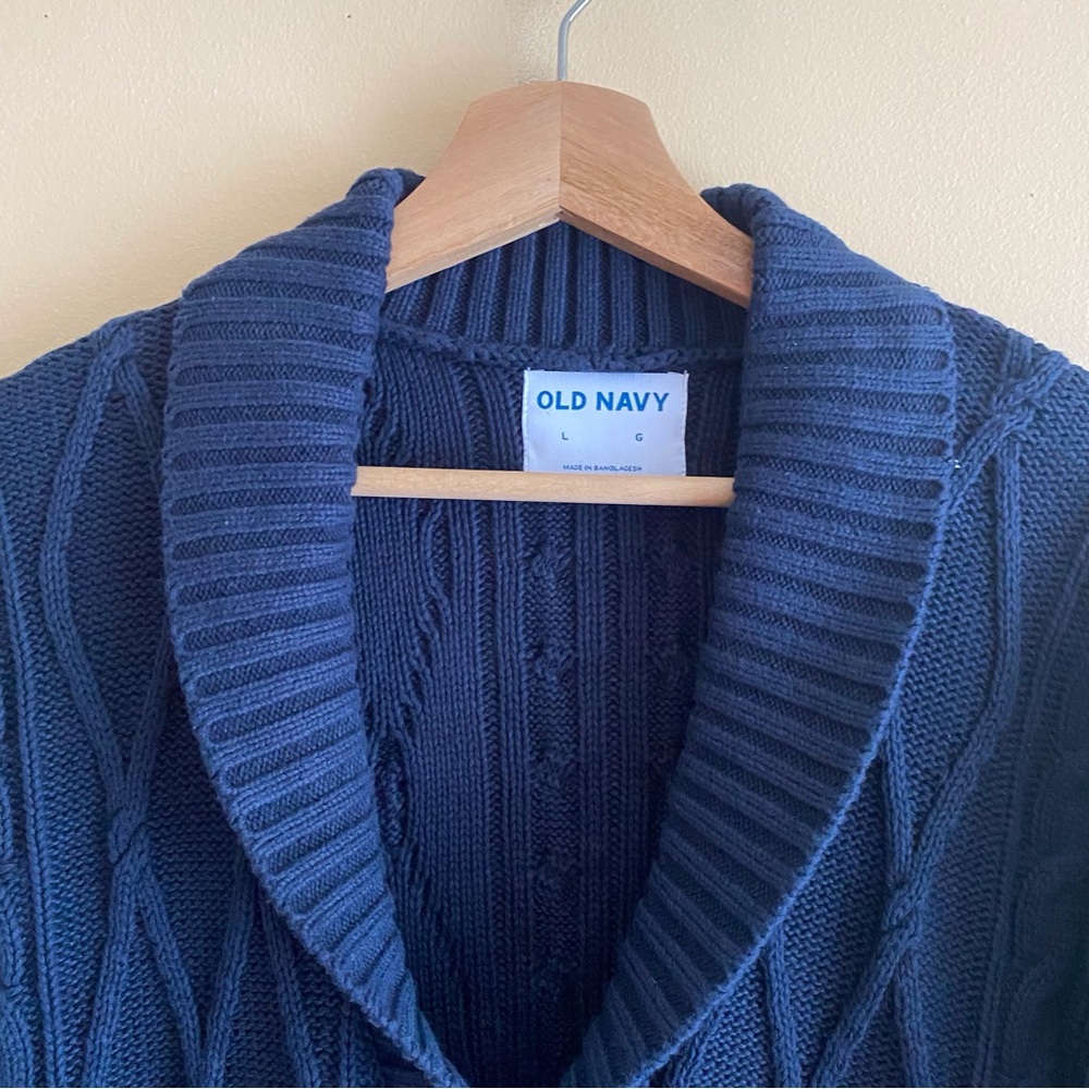 Old Navy Shawl Collar Fisherman Cardigan Men Large Cable Knit Navy Blue Cozy - Picture 5 of 13